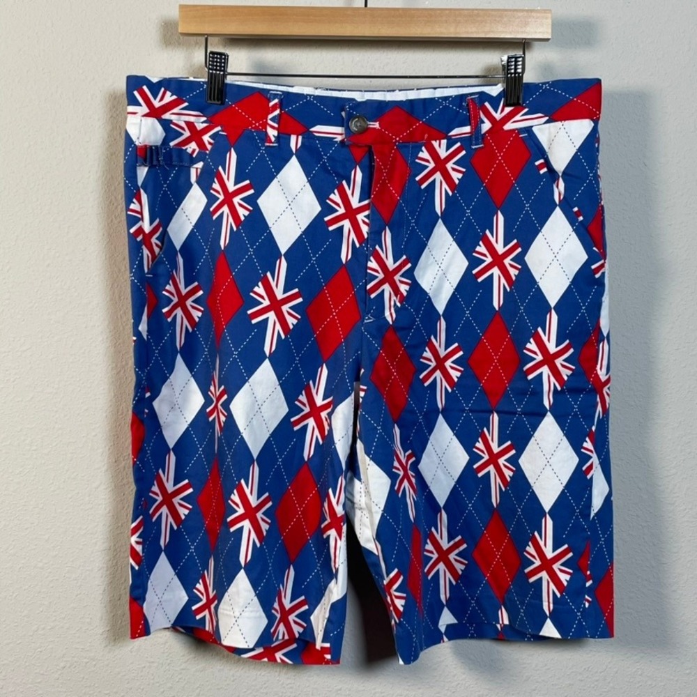Royal & Awesome 36 Golf Shorts Men Blue Red Union Jack Argyle UK Flag Maximalist